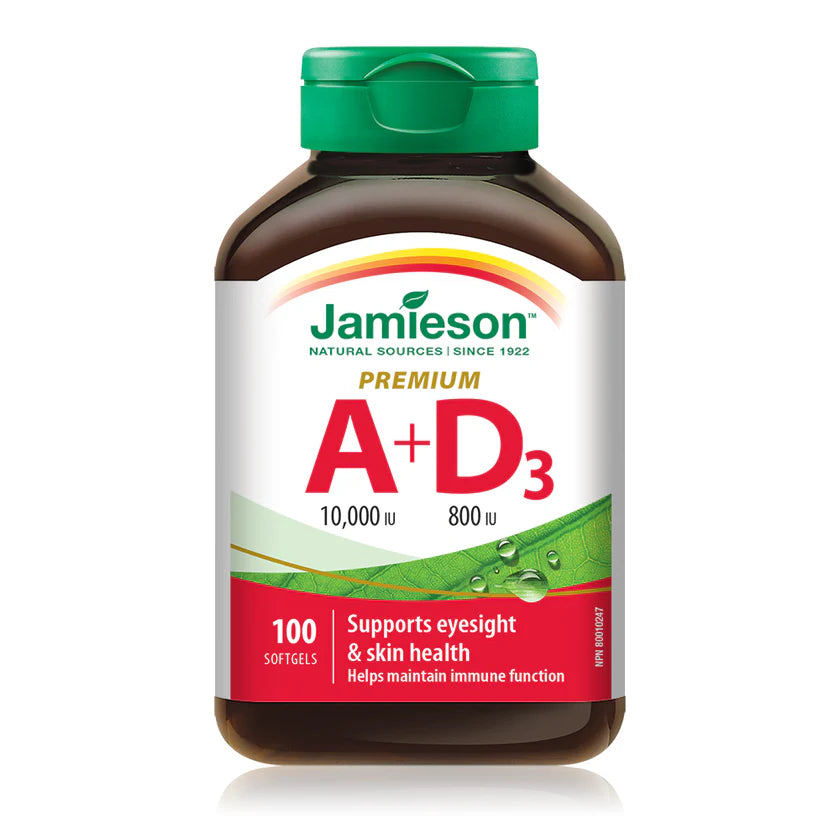 Jamieson Vitamin A (10,000 IU) + Vitamin D3 (800 IU) Premium – 100 Softgels