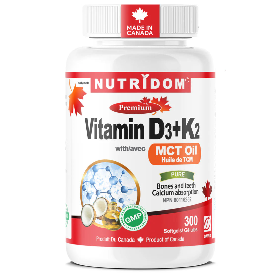 Nutridom Vitamin D3 + K2 with MCT Oil – 300 Softgels