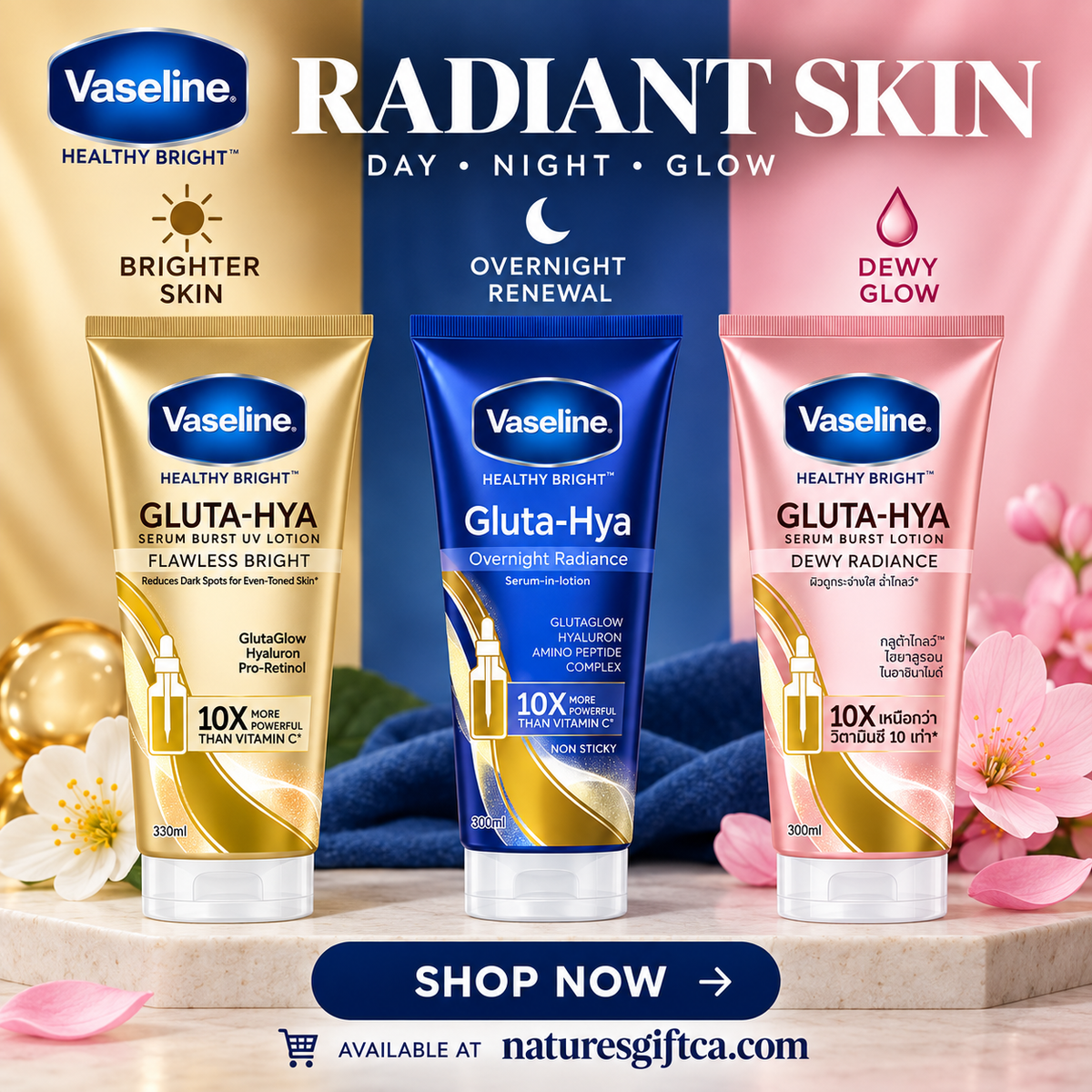 Vaseline Gluta-Hya Bundle – Flawless Bright + Overnight Radiance + Dewy Radiance
