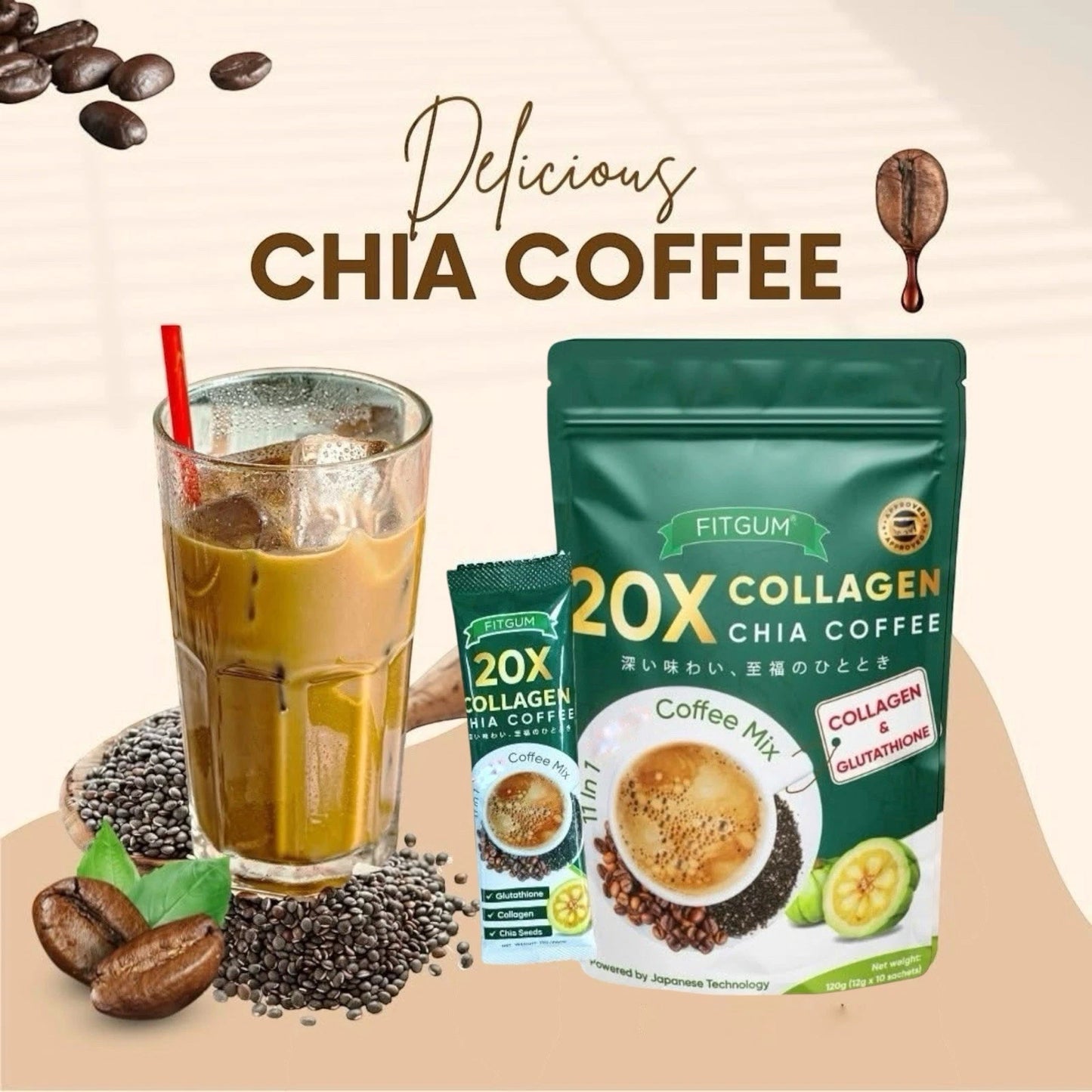 FITGUM 20X Collagen Chia Coffee – 11 in 1 Coffee Mix ☕🌿 | Energy, Beauty & Wellness Support