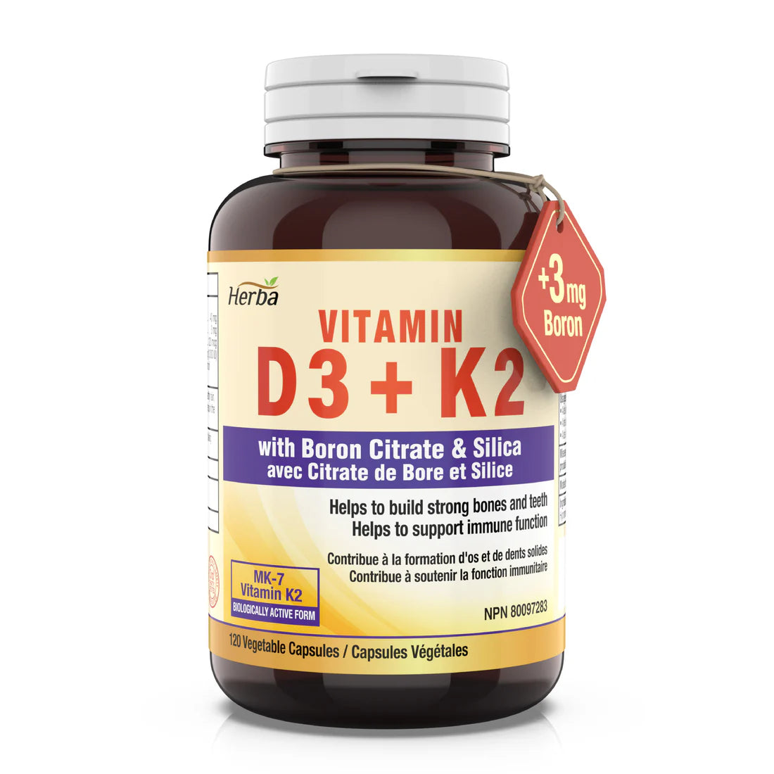 Herba Vitamin D3 + K2 with Boron – 120 Vegetable Capsules