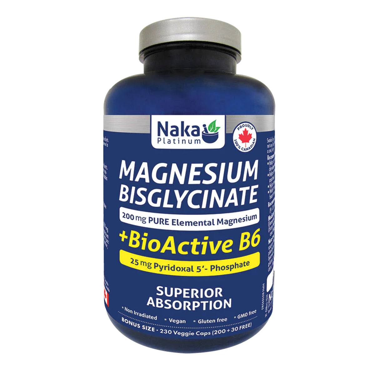 Naka Platinum Magnesium Bisglycinate + BioActive B6 – 230 Veggie Caps