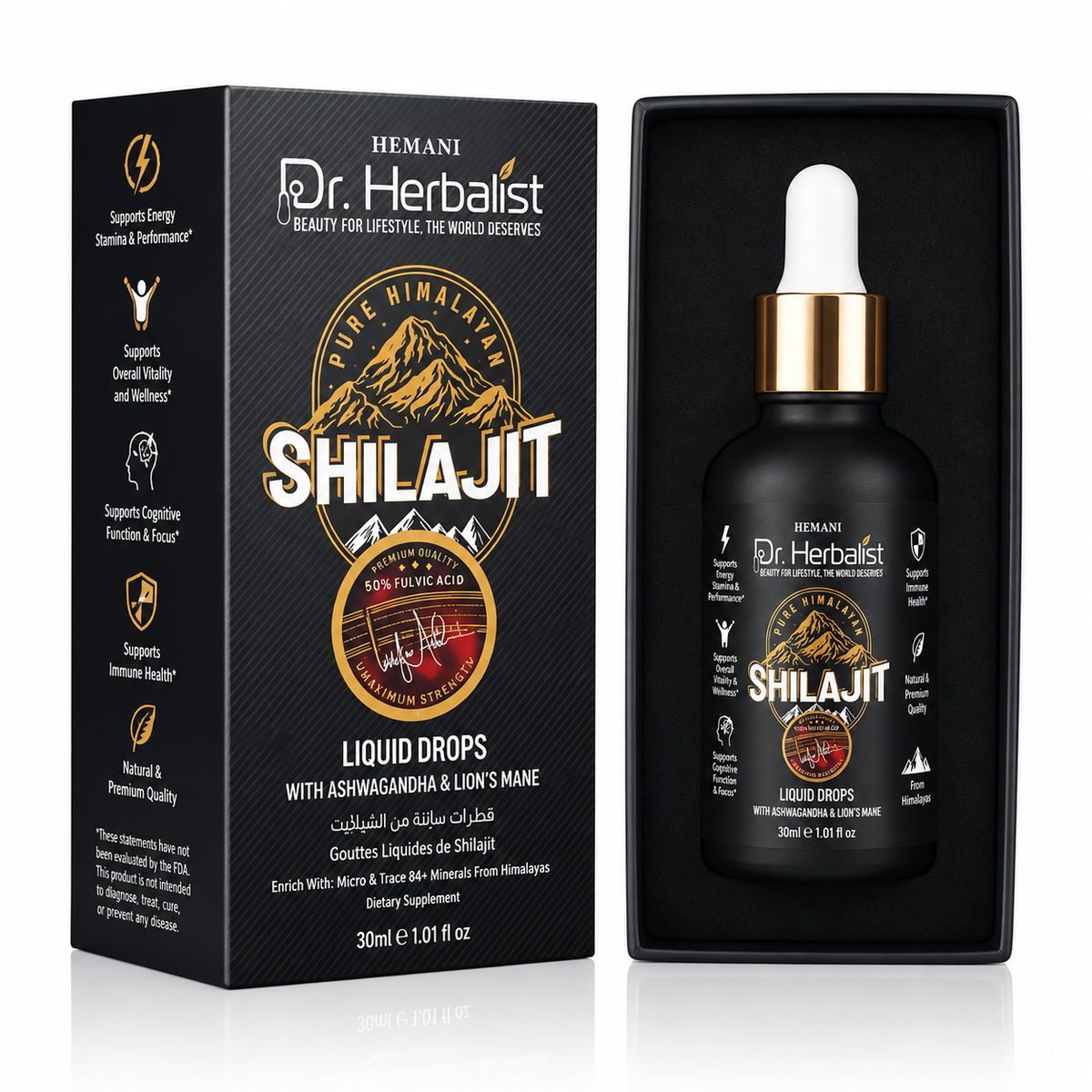 Hemani Shilajit Liquid 50% Fulvic Acid with Lion’s Mane & Ashwagandha 🌿 | Energy, Focus & Daily Wellness Support